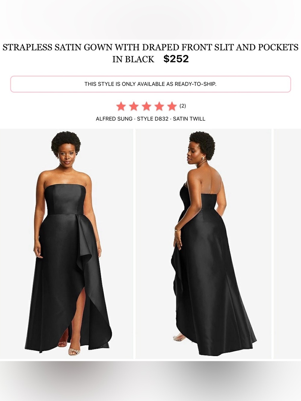 ALFRED SUNG Black Strapless Satin Gown with Draped Front Slit